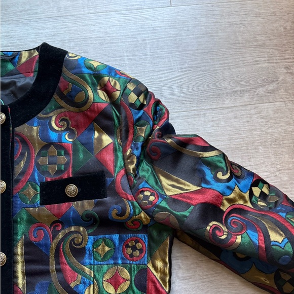 BOGNER Vintage Multicolor Geometric Pattern Jacket Black Velvet Trim Gold Button - Picture 5 of 10